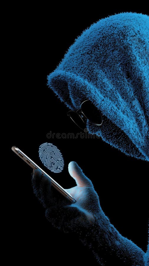 Hacker în albastru hanorac deține smartphone cu amprente digitale scanare concept de amenințare de securitate digitală vector illustration