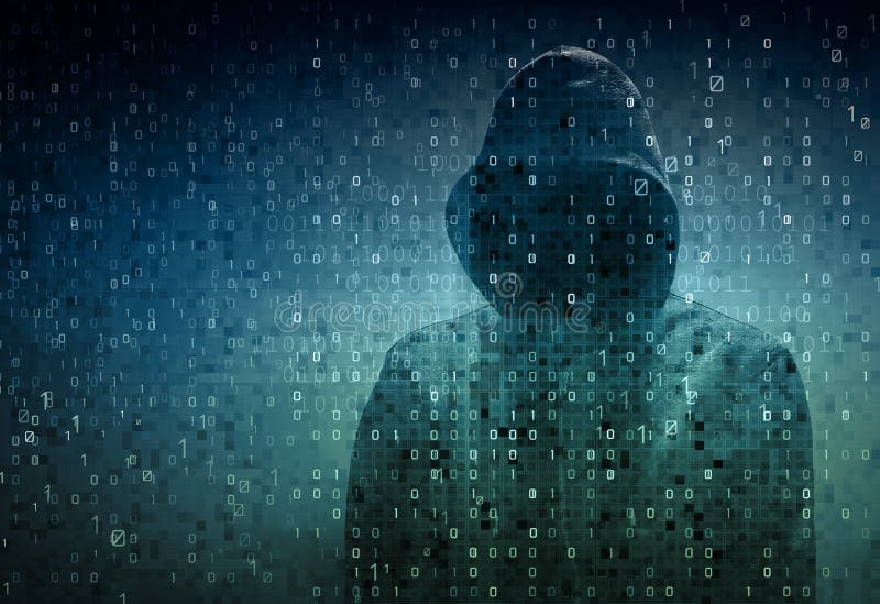Hacker über einem Schirm mit binär Code Hacker über einem Schirm mit binär Code