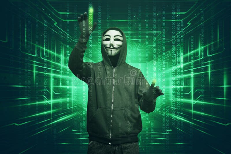 Hackera mężczyzna z wendeta systemu ochrony maskowym sieka binarnym dorszem fotografia stock Hackera mężczyzna z wendeta systemu ochrony maskowym sieka binarnym dorszem fotografia stock