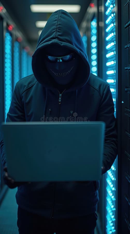 Hackeri cu cârlig care fură date dintr-o cameră de server securizată vector illustration