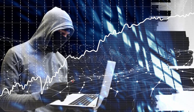 Hackermann stehlen Informationen. Doppelbelichtung des Hackermannes arbeitend an Laptop und Stadtbild