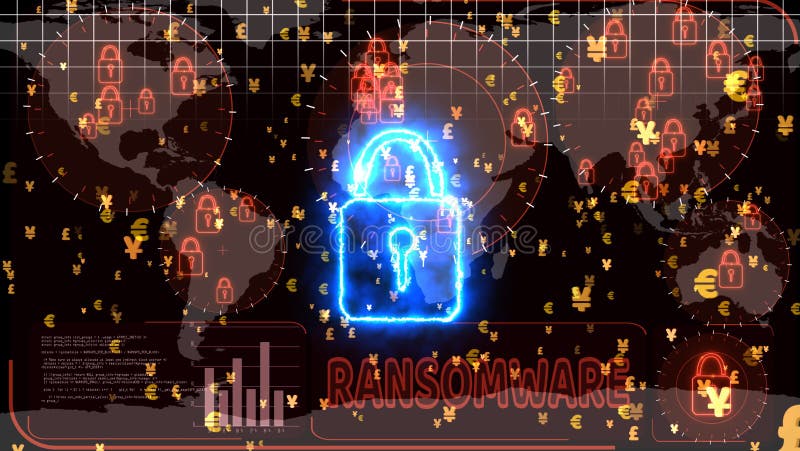 Hackers encrypt red digital technology Big Data Lock is detected by radar on world map, alternate concept to protect ransomware