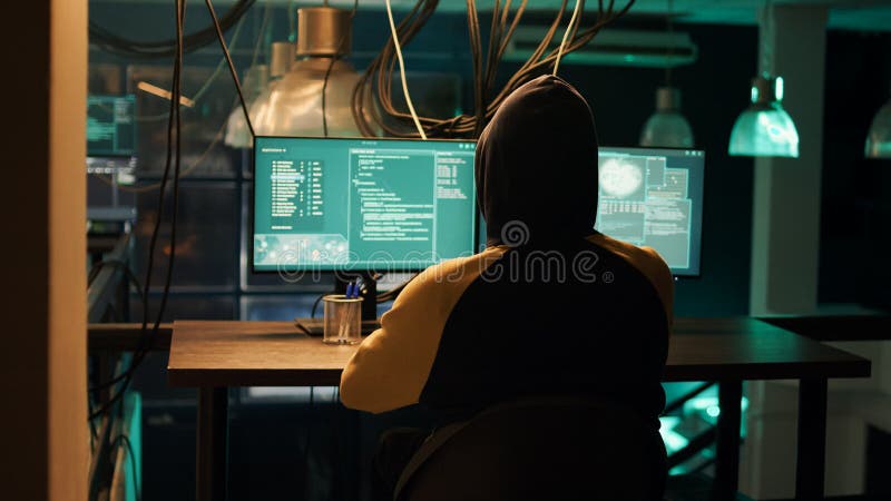 Hackers using network vulnerability to exploit security server, trying to break computer system at night. People working with multiple monitors to hack software, illegal hacktivism.