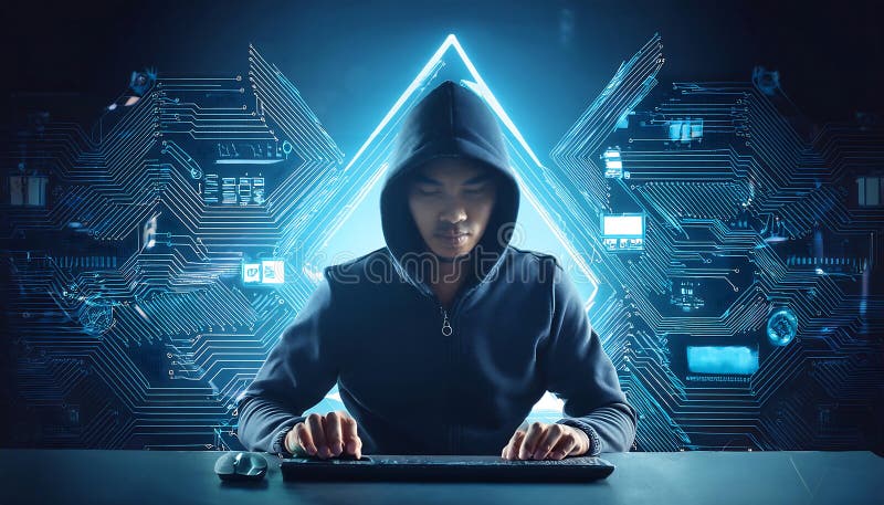 Hackerul cu glugă la tastatură și conceptul de criminalitate cibernetică royalty free illustration