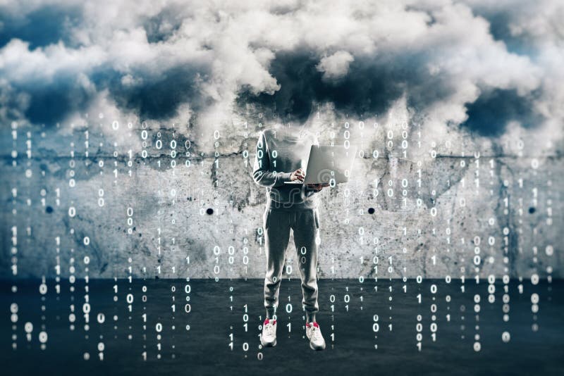 Hacking concept with no face hacker under clouds and binary code rain stock photos