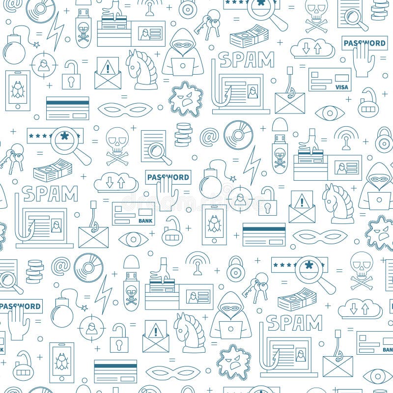 Hacking and cyber crimes icons vector seamless pattern. Hacking and cyber crime vector seamless pattern with icons of gadgets and hacker`s activities. Linear stock illustration Hacking and cyber crimes icons vector seamless pattern. Hacking and cyber crime vector seamless pattern with icons of gadgets and hacker`s activities. Linear stock illustration