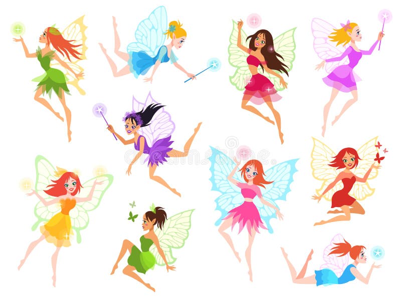 Hada Pequeñas hadas mágicas en diferentes vestidos de color con alas, personajes mitológicos voladores de cuento de hadas para libre illustration