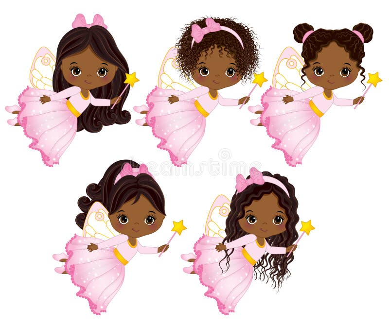 Hadas afroamericanas lindas del vector pequeñas con volar mágico de las varas libre illustration