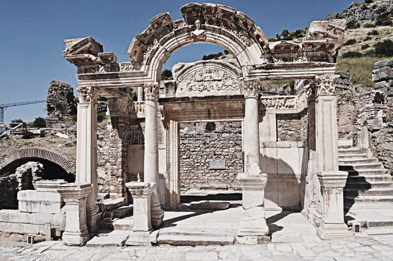 Remains of the ancient temple of Hadrian in Ephesus, İzmir (Smyrna), Turkey. Remains of the ancient temple of Hadrian in Ephesus, İzmir (Smyrna), Turkey