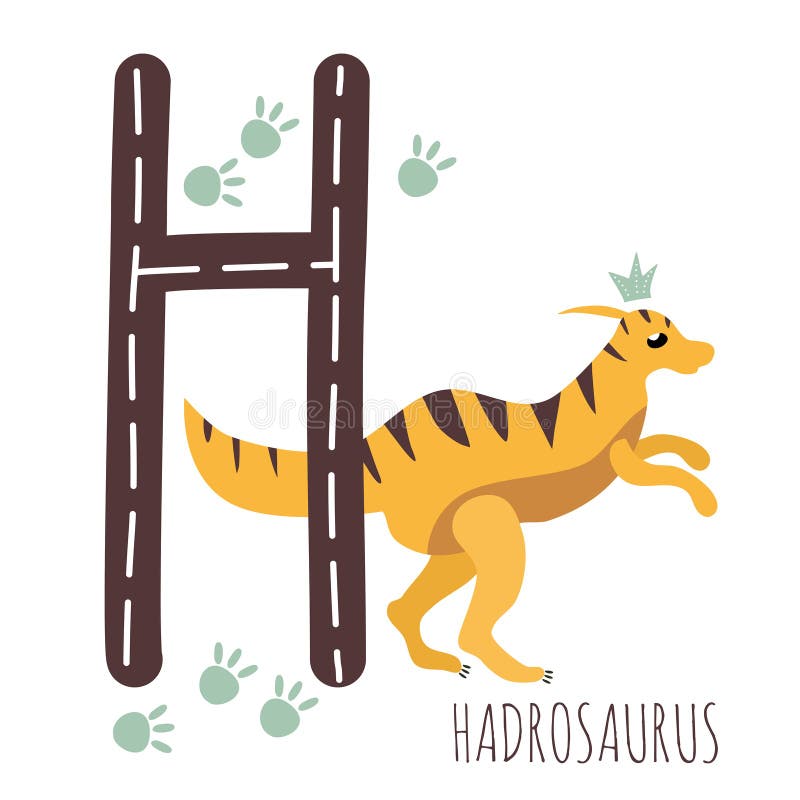 Hadrosaurus. Letter H with reptile name. Hand drawn cute herbivores dinosaur. Educational prehistoric illustration. Dino alphabet. vector illustration