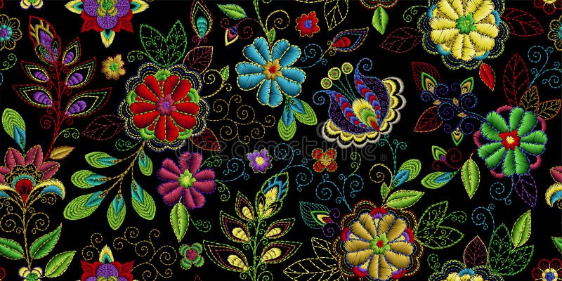 Hafciarski bezszwowy wzór z pięknymi kwiatami Wektorowy handmade kwiecisty ornament na ciemnym tle Broderia dla