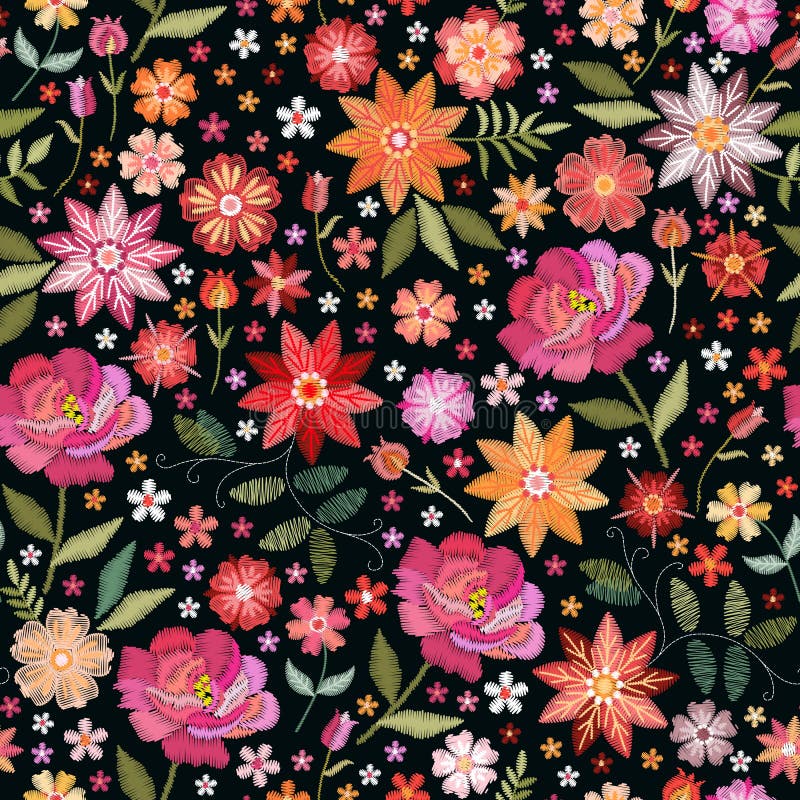 Hafciarski bezszwowy wzór z jaskrawymi kwiatami na czarnym tle Fasonuje projekt dla tkaniny, tkanina, opakunkowy papier fancywork