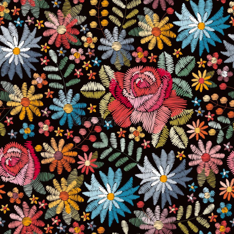 Hafciarski bezszwowy wzór z kolorowymi kwiatami, liśćmi i jagodami na czarnym tle, Moda projekt