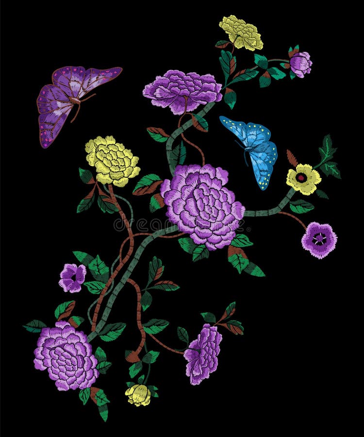 Hafciarski orientalny ludu wzór z peoniami i motylami royalty ilustracja Hafciarski orientalny ludu wzór z peoniami i motylami royalty ilustracja