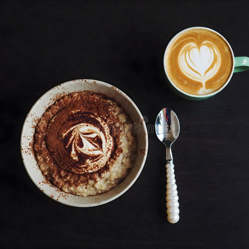 Haferflocken mit Kakaowirbel und Latte mit Herzlatte auf dunklem Hintergrund vektor abbildung