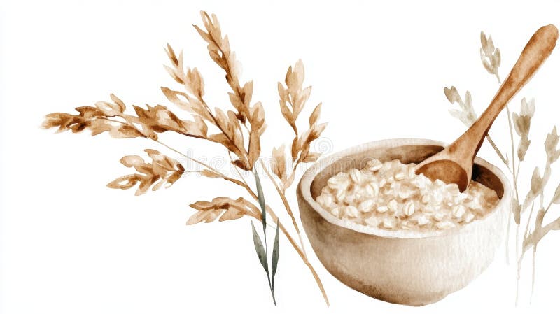 Hafermehl Montag rustikale hausgemachte Haferbrei in einer Keramikschale mit Holzlöffel und getrockneten Weizenhalmen für gemütlic stock abbildung