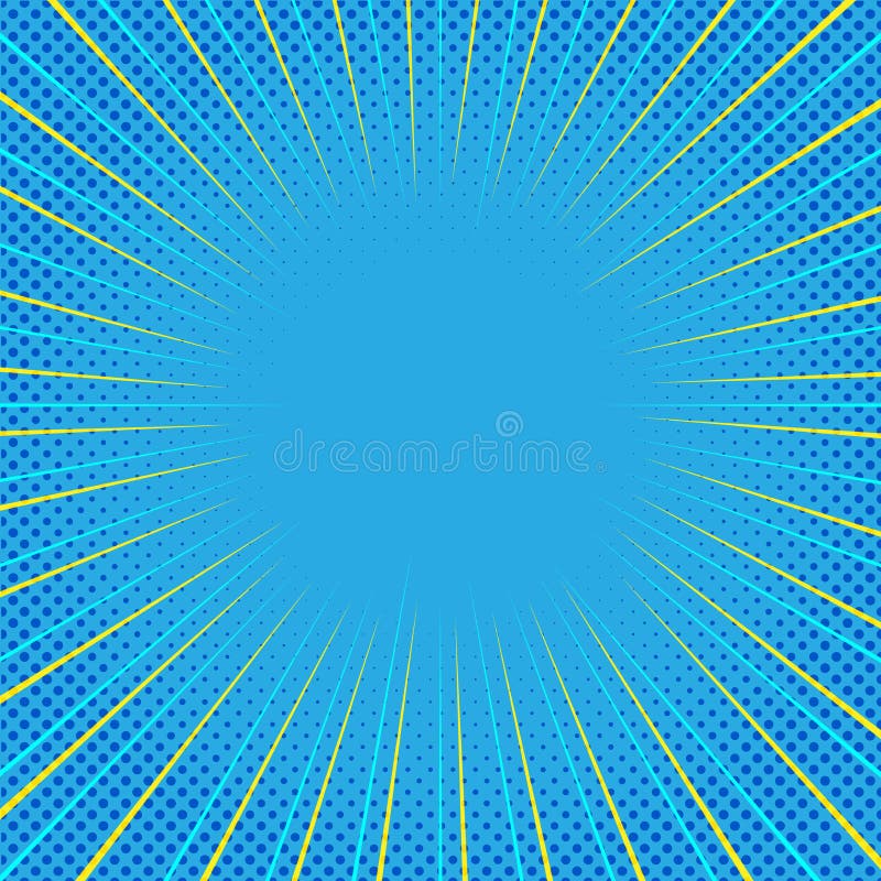 Blue Comic Background with Yellow Zoom Lines and Halftone Dots Pattern vector illustration