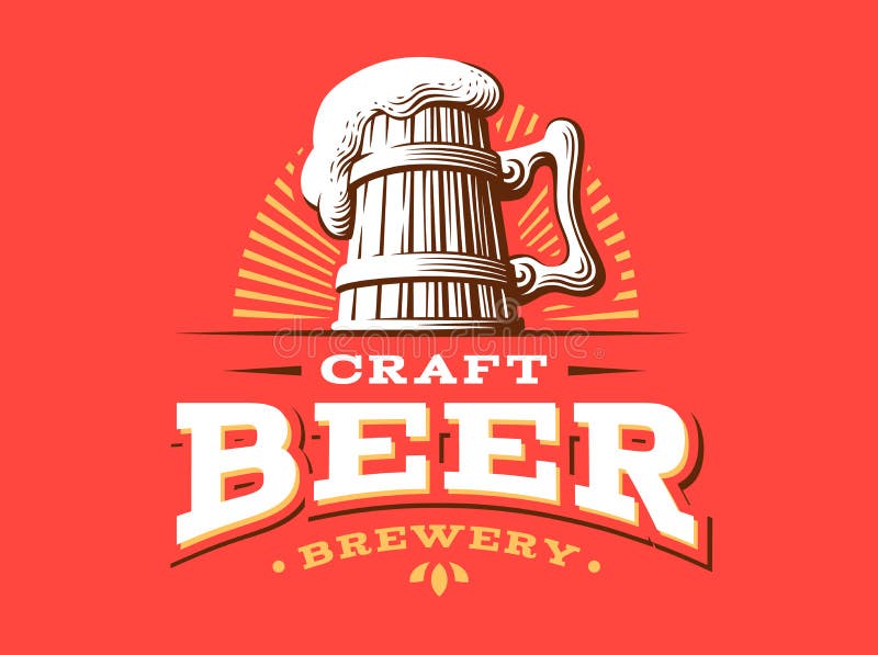 Craft beer logo- vector illustration, emblem brewery design on red background. Craft beer logo- vector illustration, emblem brewery design on red background