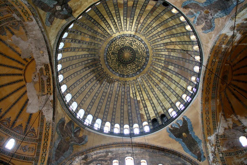 Interior dome of Hagia Sophia (Aya Sofia) church in Istanbul, Turkey, with islamic and orthodox symbols. Interior dome of Hagia Sophia (Aya Sofia) church in Istanbul, Turkey, with islamic and orthodox symbols