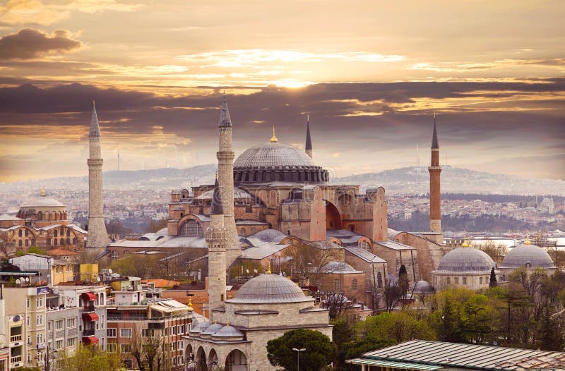 Hagia Sophia in Istanbul. The world famous monument of Byzantine architecture. View of the St. Sophia Cathedral at sunset.