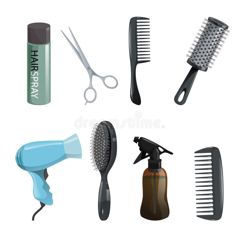 Hair Beauty Salon Equipment Set. Hairspray, Scissors, Comb, Hairbrush,  Dryer Stock Vector - Illustration of hairstyle, female: 106264599