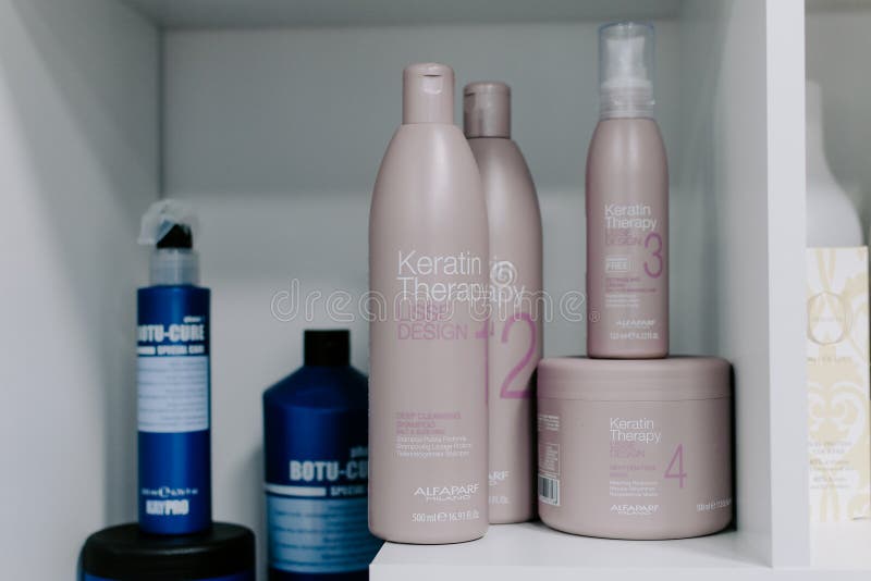 Hair Brazilian Keratin Treatment Therapy Cosmetics Bottles on Shelf in  Beauty Salon. Brazilian Keratin Hair Treatment Complex Editorial Photo -  Image of sale, haircut: 164889686