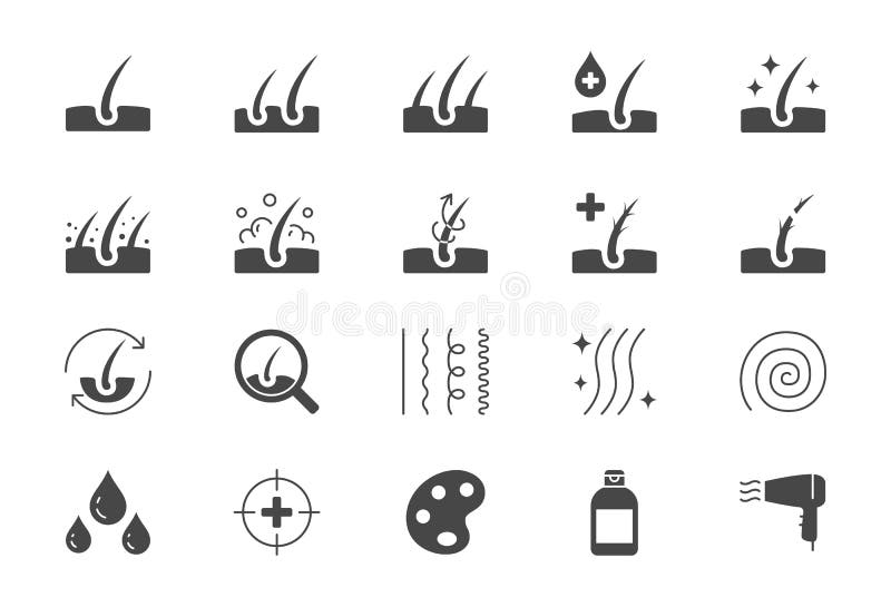 Hair cosmetic flat icons. Vector illustration include icon - skincare, frizzy, repair, revitalizing, scalp, dandruff