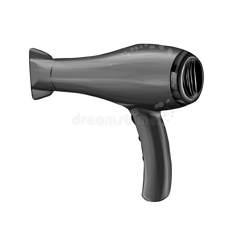 Black hair dryer for drying the head, it is plastic, metal, reflects,  glares, painted in watercolor, isolated on a white background. Stock  drawing. Stock Illustration