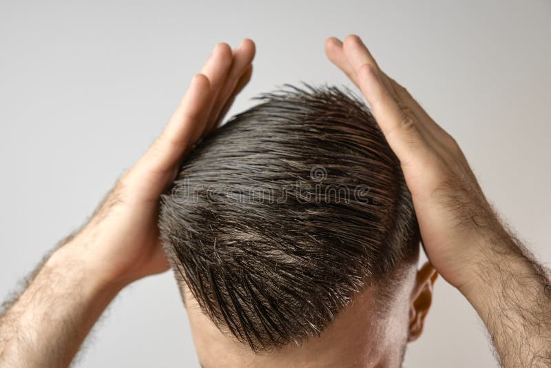 Hair Loss Problems. Man Holding His Head with Hands. Styling Hair at Home.  Stock Image - Image of hand, cosmetics: 196238917