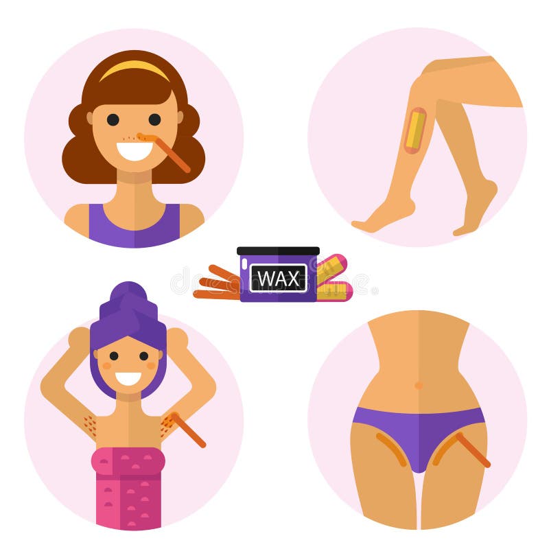 Flat design vector illustration of hair removal zones with waxing and wax s...