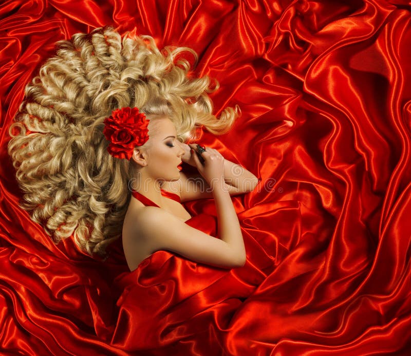 Hair Style, Woman Curly Hairstyle, Fashion Model on Red Color stock photography Hair Style, Woman Curly Hairstyle, Fashion Model on Red Color stock photography