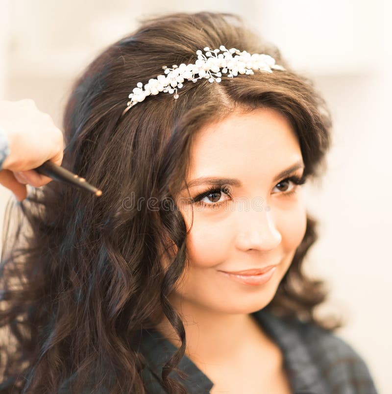 Hair Stylist Makes the Bride on the Wedding Day Stock Photo Image of