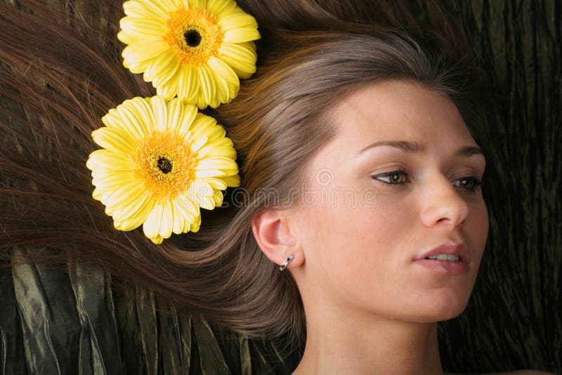 Hair yellow flowers stock image. Image of lips, fashion 4272469