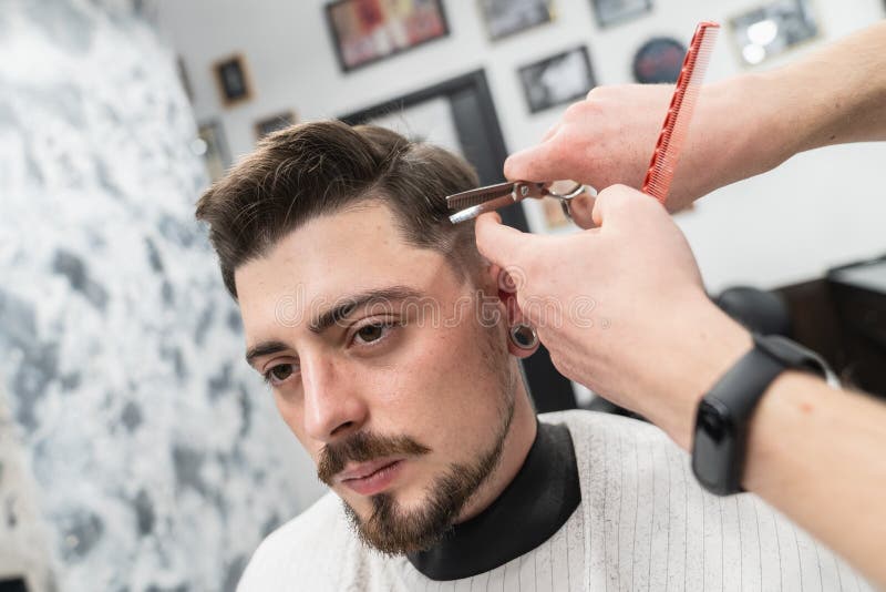 Haircut with Beard and Head Scissors. Men`s Beauty Salon Stock Photo -  Image of handsome, male: 164089414