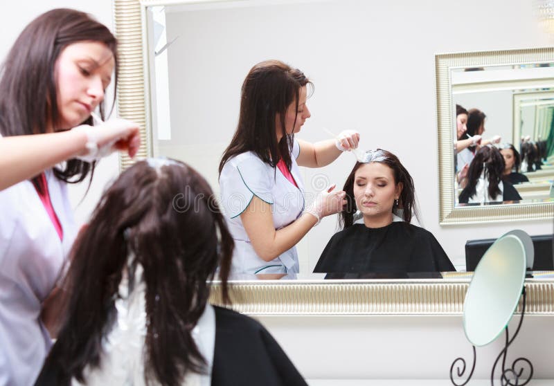 Hairdresser Applying Color Female Customer At Salon, Doing 