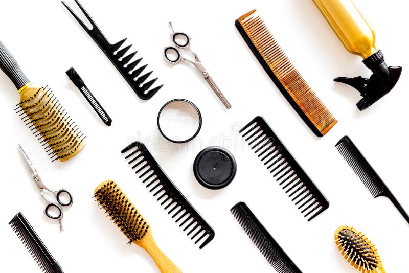 Hairdresser Equipment for Cutting Hair and Styling with Combs, Sciccors,  Brushes on White Background Top View Pattern Stock Image - Image of  lifestyle, beauty: 151561761