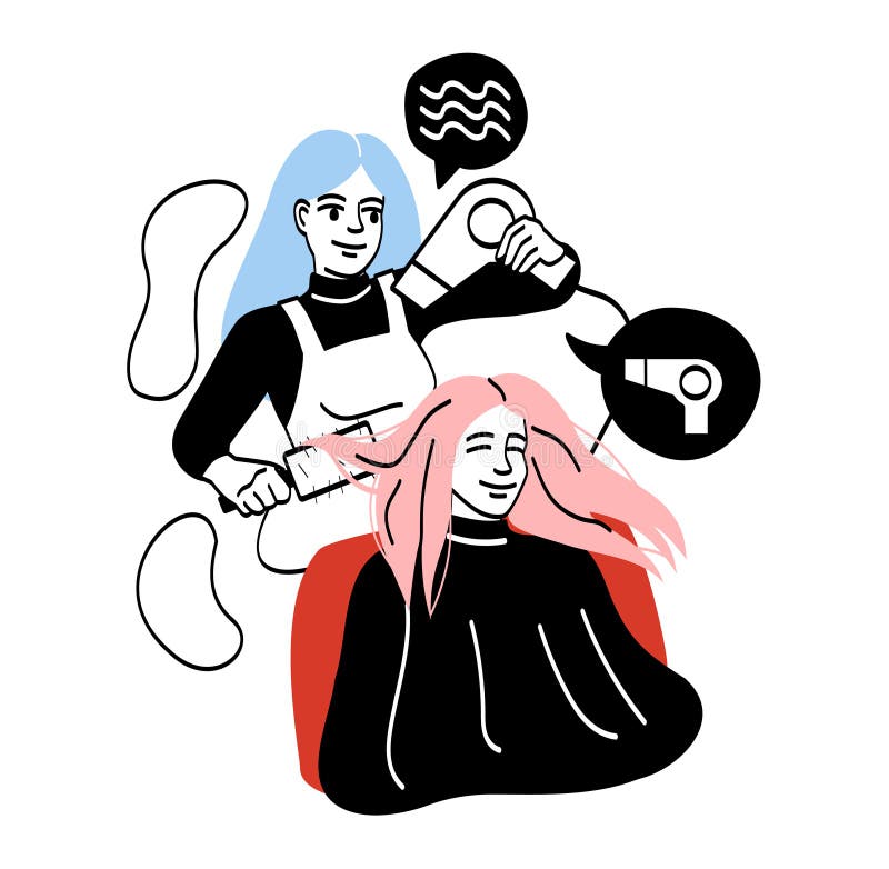 Spa salon, woman hair stylist using hair dryer making client haircut.  Hairstyle changes and new style of lady sitting in chair. Isolated icon  vector Stock Vector | Adobe Stock