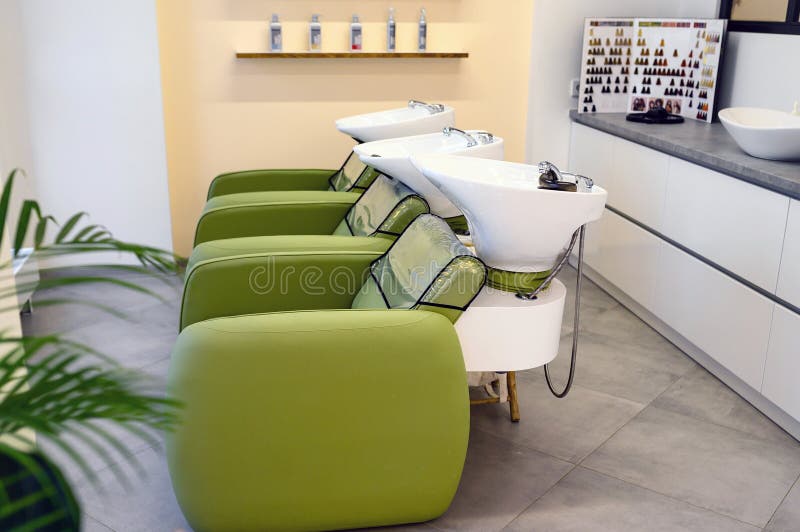 Hairdressing Salon with Hair Wash Basins Chair Stock Photo - Image of  barber, modern: 214770558