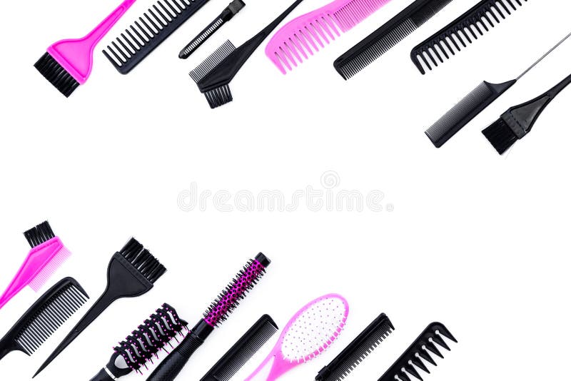 Hairdressing tools. Pattern with various combs and brushes on white background top view copy space stock photography Hairdressing tools. Pattern with various combs and brushes on white background top view copy space stock photography