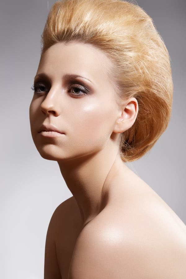 Hairstyle, bouffant hair, styling. Luxury make-up