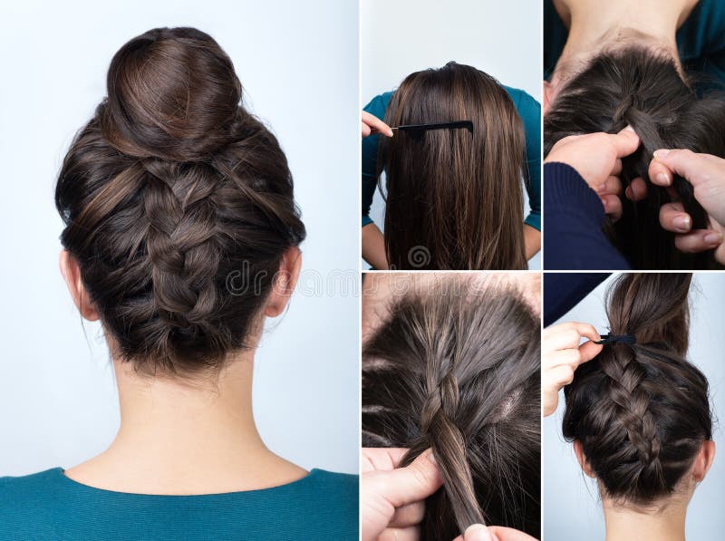 Hairstyle Braid Bun Tutorial Stock Photo - Image of caucasian, twisted: 79359530 Hairstyle Braid Bun Tutorial Stock Photo - Image of caucasian, twisted: 79359530