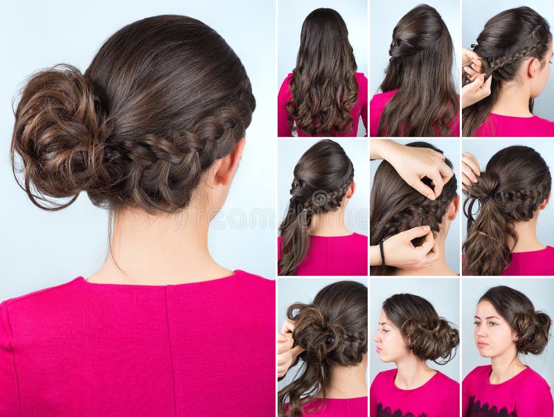 hairstyle bun and plait on curly hair tutorial stock photo