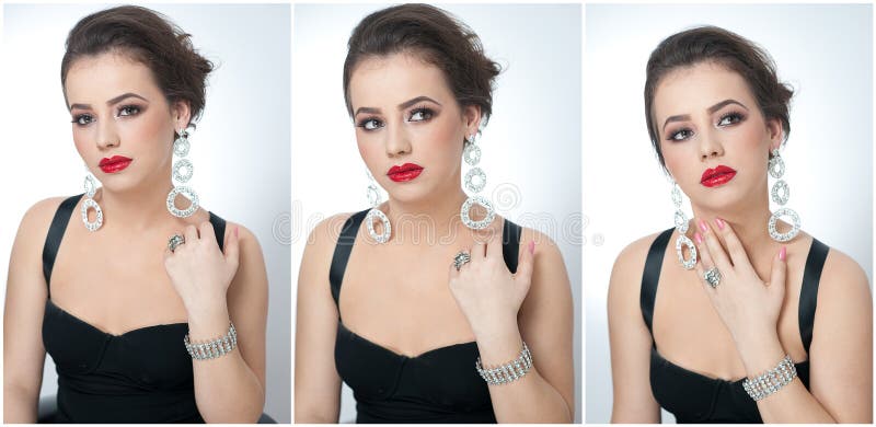 Hairstyle and make up - beautiful female art portrait with earrings. Elegance. Genuine natural brunette with jewelry stock photos Hairstyle and make up - beautiful female art portrait with earrings. Elegance. Genuine natural brunette with jewelry stock photos