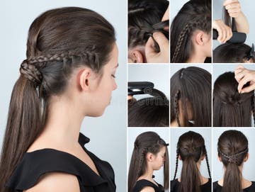 Hairstyle Ponytail with Plait Tutorial Stock Image - Image of plait