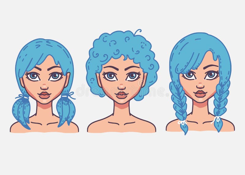 Types of female hairstyles. Vector illustration of girl`s heads with different types of haircuts. Curly hair, pigtails and braids. Types of female hairstyles. Vector illustration of girl`s heads with different types of haircuts. Curly hair, pigtails and braids