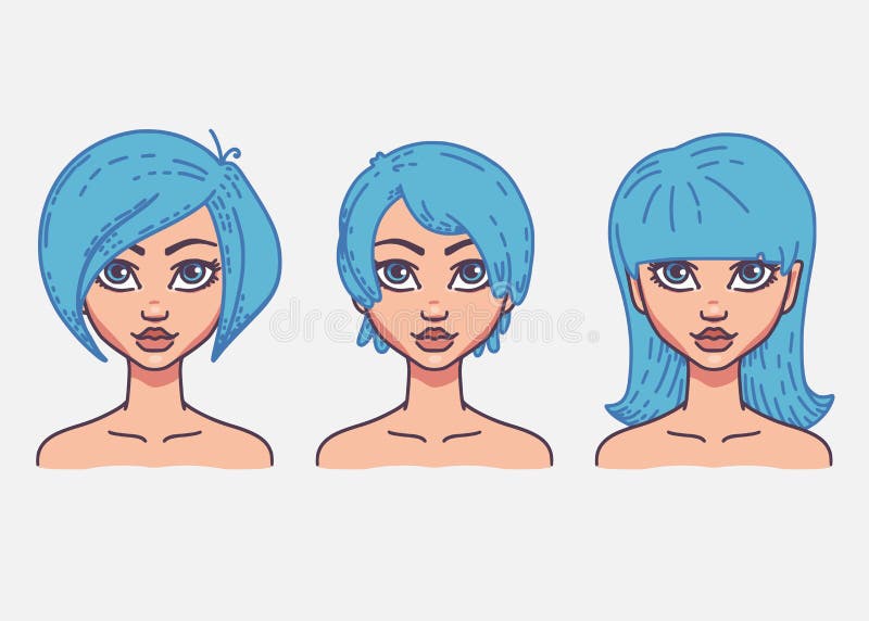 Types of female hairstyles. Vector illustration of girl`s heads with different types of haircuts. Bob and short hair. Types of female hairstyles. Vector illustration of girl`s heads with different types of haircuts. Bob and short hair