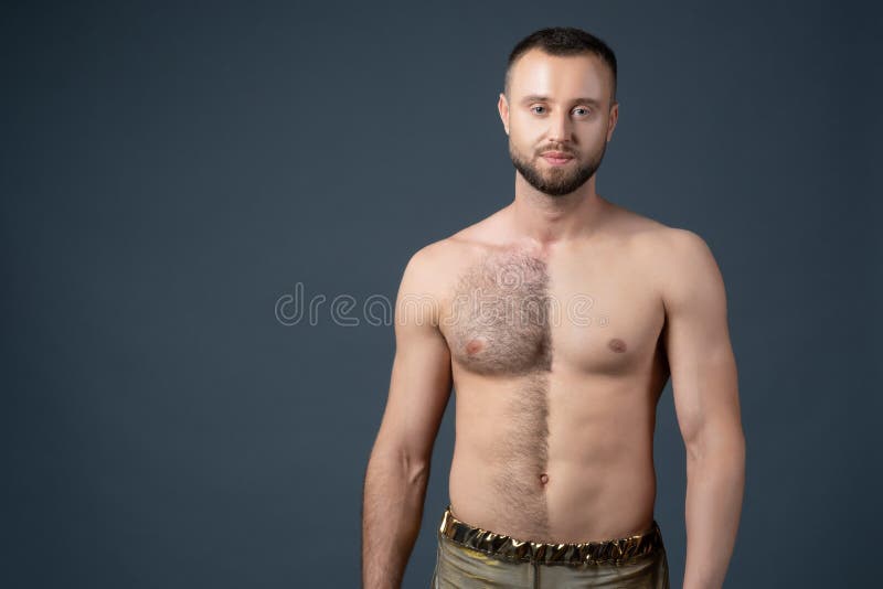 Hairy Male Chest Shaved on One Half. Unshaven Man`s Body