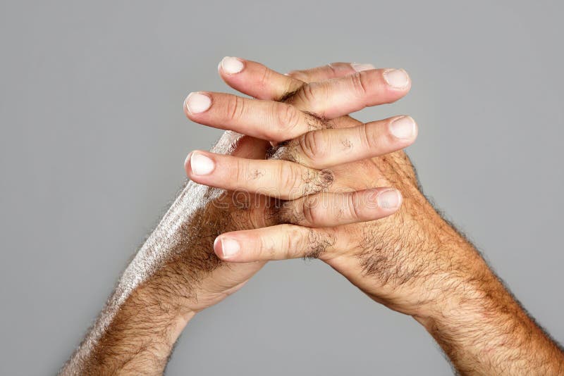 Hairy Man Hand Closeup Expression Over Gray Stock Photo Image of