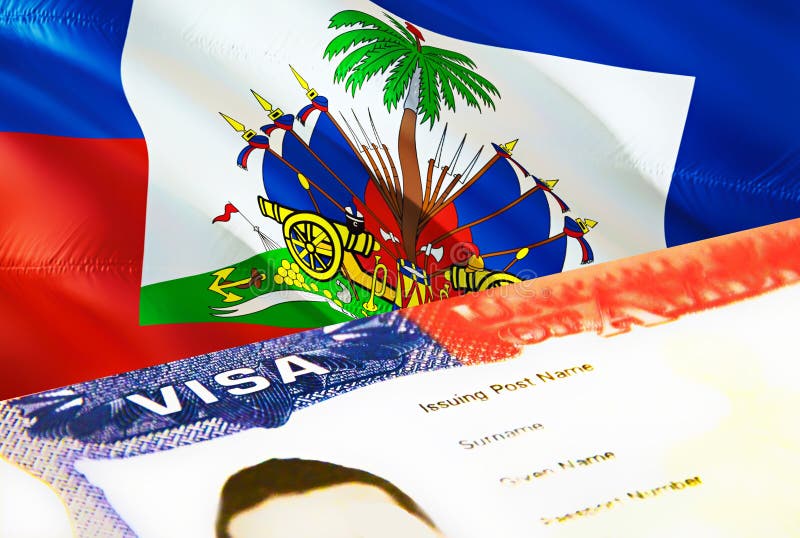 Haiti immigration document close up. Passport visa on Haiti flag. Haiti visitor visa in passport,3D rendering. Haiti multi stock illustration