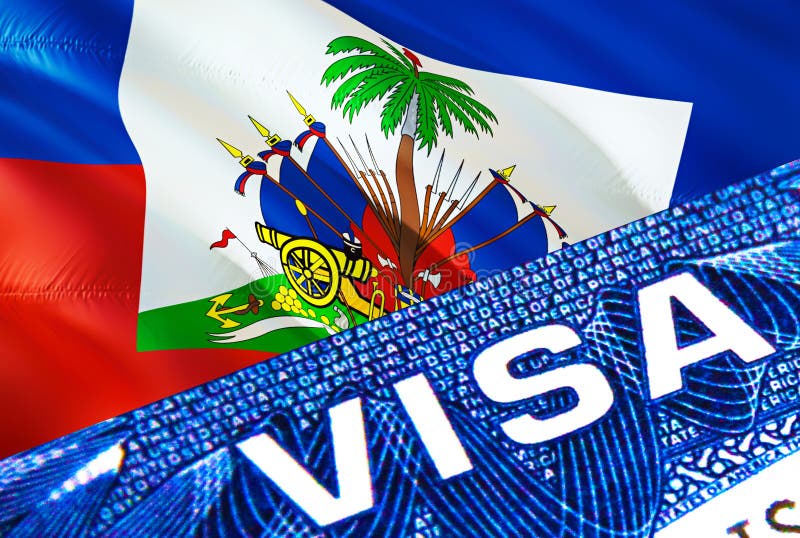 Haiti visa document close up. Passport visa on Haiti flag. Haiti visitor visa in passport,3D rendering. Haiti multi entrance in royalty free illustration